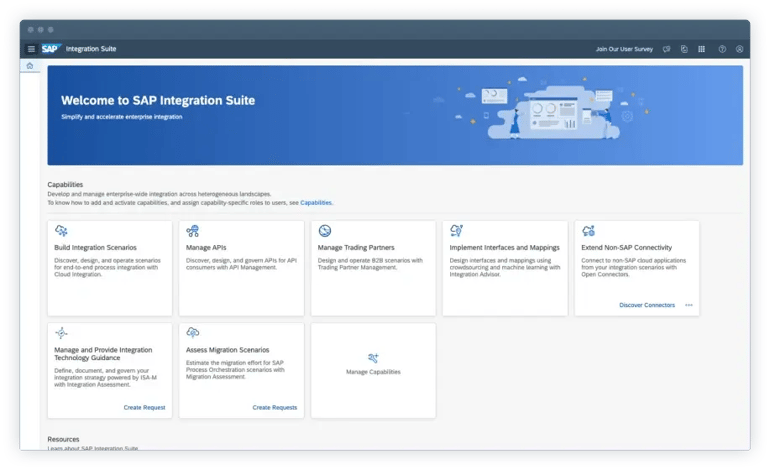 A Welcome to SAP Integration Suite dashboard screen