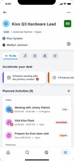 SAP Sales Cloud, Mobile dashboard enabling mobile selling.